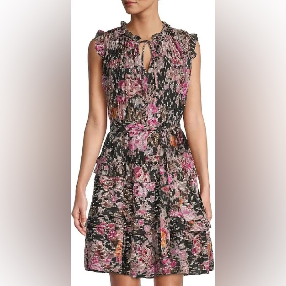 Kobi Halperin Brook Belted Floral Minidress Medium Black Pink Gold NWT $648